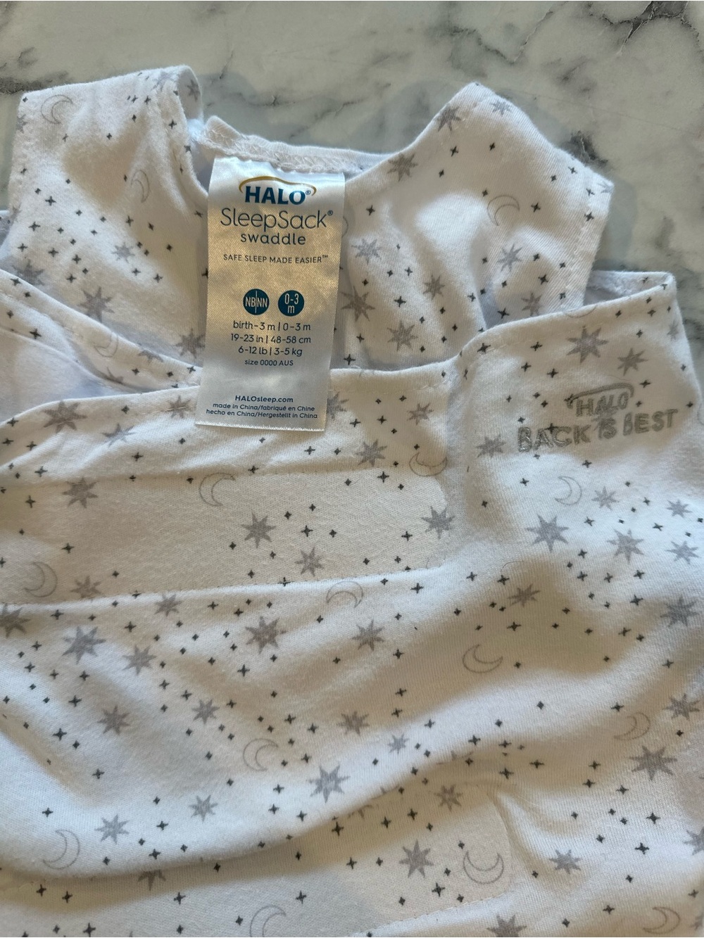 HALO SleepSack Swaddle in White with Gray Star & Moon Print